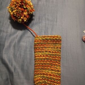 Multicolor Knit Pouch with Pom-Pom
